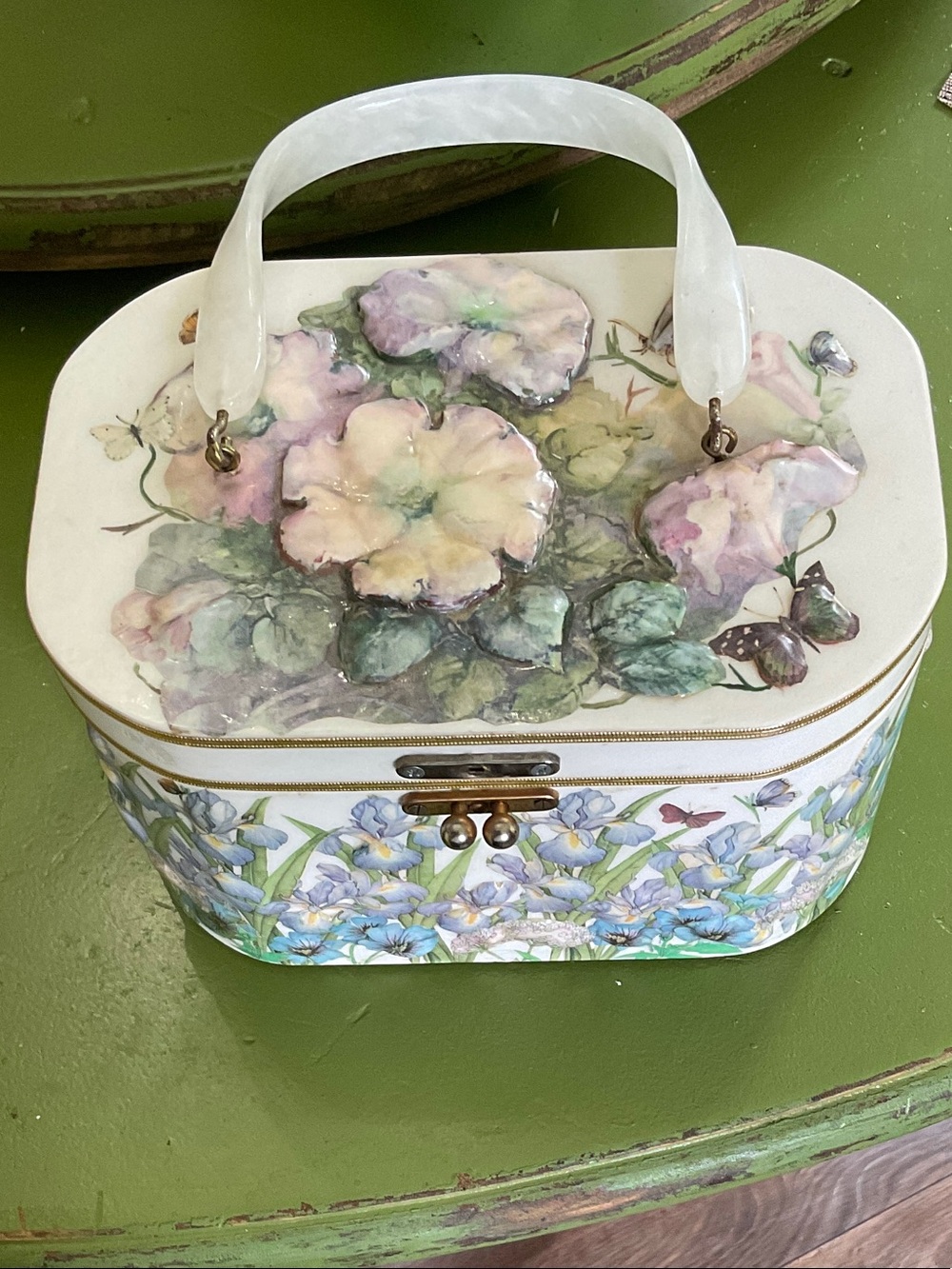 Floral hard case box Lucite w/ mirror inside